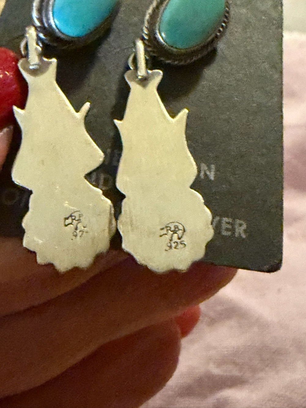 .925 Native American Navajo Turquoise Dangle Sterling Silver Earrings - Signed - Picture 3 of 4